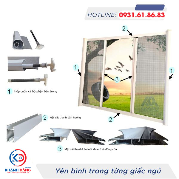 cấu tạo cửa lưới chống muỗi tự cuốn ngang 1 cánh